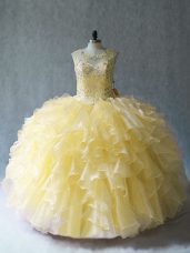 Floor Length Yellow Quince Ball Gowns Organza Sleeveless Beading and Ruffles