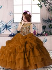 Custom Design Beading and Pick Ups Little Girl Pageant Gowns Brown Zipper Sleeveless Floor Length