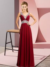 Burgundy Empire Chiffon V-neck Sleeveless Beading Floor Length Lace Up Prom Dresses