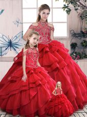 High Class Floor Length Red Quinceanera Dress Organza Sleeveless Beading and Ruffles