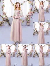 Elegant Half Sleeves Floor Length Lace and Belt Side Zipper Wedding Guest Dresses with Pink
