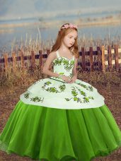Green Sleeveless Floor Length Embroidery Lace Up Little Girl Pageant Dress