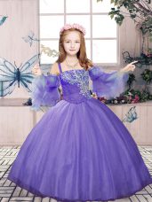 Custom Fit Lavender Tulle Lace Up Glitz Pageant Dress Sleeveless Floor Length Beading