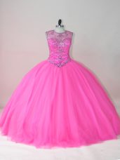 Sleeveless Tulle Floor Length Lace Up Ball Gown Prom Dress in Rose Pink with Beading