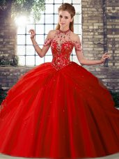 Classical Red Lace Up 15th Birthday Dress Beading and Pick Ups Sleeveless Brush Train