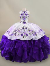 Comfortable White And Purple Vestidos de Quinceanera Sweet 16 and Quinceanera with Embroidery and Ruffles Halter Top Long Sleeves Lace Up