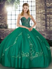 Super Sweetheart Sleeveless Ball Gown Prom Dress Floor Length Beading and Embroidery Turquoise Tulle