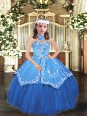 Sleeveless Floor Length Embroidery Lace Up Little Girl Pageant Gowns with Blue