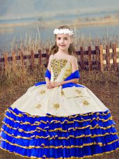 Enchanting Royal Blue Organza Lace Up Straps Sleeveless Floor Length Pageant Dress for Womens Beading and Embroidery and Ruffled Layers