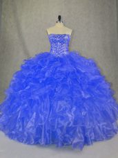 Affordable Sleeveless Floor Length Beading and Ruffles Lace Up Quinceanera Gowns with Blue