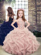 Most Popular Sleeveless Floor Length Beading and Ruffles Lace Up Child Pageant Dress with Pink