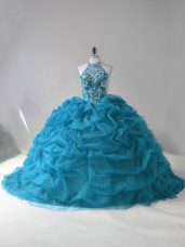 Wonderful Teal Sleeveless Beading and Pick Ups Lace Up Quinceanera Gowns