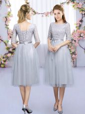 Scoop Half Sleeves Lace Up Vestidos de Damas Grey Tulle