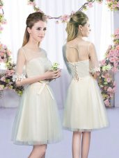 Deluxe Half Sleeves Lace Up Mini Length Lace and Bowknot Wedding Party Dress