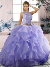 Scoop Sleeveless Quinceanera Dresses Beading and Ruffles Lavender Tulle