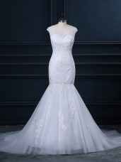 High End White Wedding Gown Scoop Sleeveless Brush Train Clasp Handle
