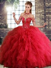 Latest Red Sweet 16 Dresses Military Ball and Sweet 16 and Quinceanera with Beading and Ruffles Halter Top Sleeveless Lace Up