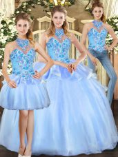 Fantastic Halter Top Sleeveless Lace Up Sweet 16 Dresses Blue Organza