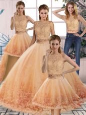 Scalloped Sleeveless Sweet 16 Dresses Sweep Train Lace Gold and Peach Tulle
