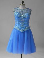 Edgy Sleeveless Tulle Mini Length Lace Up Evening Dress in Blue with Beading and Sequins