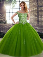 Olive Green Lace Up Quinceanera Gowns Beading Sleeveless Floor Length