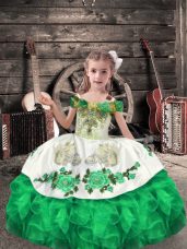 Elegant Green Ball Gowns Off The Shoulder Sleeveless Organza Floor Length Lace Up Beading and Embroidery and Ruffles Girls Pageant Dresses