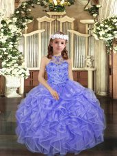 Amazing Lavender Lace Up Pageant Dress for Girls Beading and Ruffles Sleeveless Floor Length
