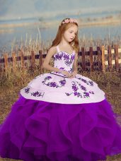 Floor Length Lace Up Pageant Gowns For Girls Purple for Party and Wedding Party with Embroidery and Ruffles