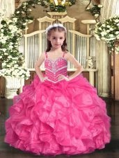 Straps Sleeveless Girls Pageant Dresses Floor Length Beading and Ruffles Hot Pink Organza