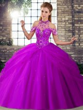 Purple Sleeveless Brush Train Beading and Pick Ups Quinceanera Gowns