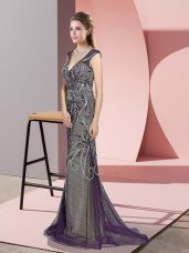 Nice Purple Zipper Prom Gown Beading Sleeveless Sweep Train