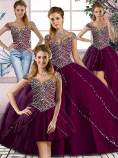 Stunning Purple Lace Up Vestidos de Quinceanera Beading Cap Sleeves Brush Train