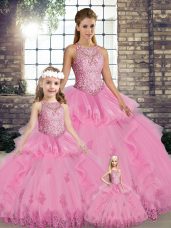 Customized Rose Pink Lace Up Quinceanera Gown Lace and Embroidery and Ruffles Sleeveless Floor Length