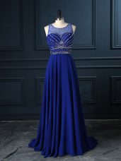 Sumptuous Royal Blue Criss Cross Scoop Beading Prom Dresses Chiffon Sleeveless Brush Train