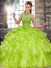 Beading and Ruffles Vestidos de Quinceanera Olive Green Lace Up Sleeveless Floor Length