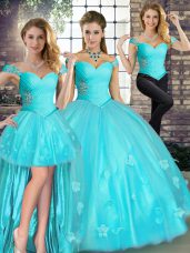 Dazzling Tulle Off The Shoulder Sleeveless Lace Up Beading and Appliques Sweet 16 Quinceanera Dress in Aqua Blue