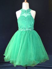 Custom Designed Halter Top Sleeveless High School Pageant Dress Mini Length Beading and Lace Green Organza