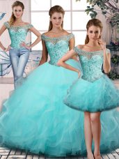 Fantastic Aqua Blue Quinceanera Dress Tulle Sleeveless Beading and Ruffles