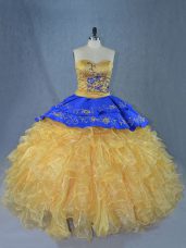Gold Sweetheart Lace Up Embroidery and Ruffles 15 Quinceanera Dress Brush Train Sleeveless
