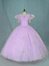 Traditional Lavender Organza Zipper V-neck Sleeveless Floor Length Sweet 16 Dress Beading