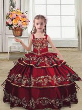 Burgundy Straps Neckline Embroidery and Ruffled Layers Little Girls Pageant Dress Wholesale Sleeveless Lace Up