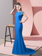 Blue Short Sleeves Beading Backless Evening Party Dresses