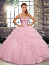 Fashionable Baby Pink 15th Birthday Dress Sweetheart Sleeveless Brush Train Lace Up