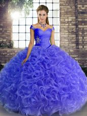 Floor Length Blue Quinceanera Gown Fabric With Rolling Flowers Sleeveless Beading