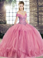 Floor Length Watermelon Red Quinceanera Gown Off The Shoulder Sleeveless Lace Up