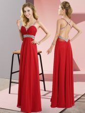 Decent Beading Evening Dress Red Criss Cross Sleeveless Floor Length