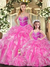 Sleeveless Floor Length Beading and Ruffles Lace Up Quince Ball Gowns with Rose Pink