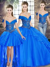 Off The Shoulder Sleeveless Tulle Quinceanera Dresses Beading and Ruffles Lace Up