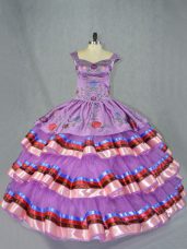 Graceful Purple Ball Gowns Straps Sleeveless Organza Floor Length Lace Up Embroidery and Ruffled Layers 15th Birthday Dress
