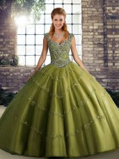 Floor Length Olive Green 15th Birthday Dress Straps Sleeveless Lace Up